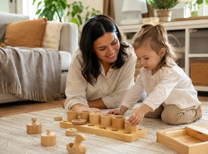 Child playing calmly with a busy board at home