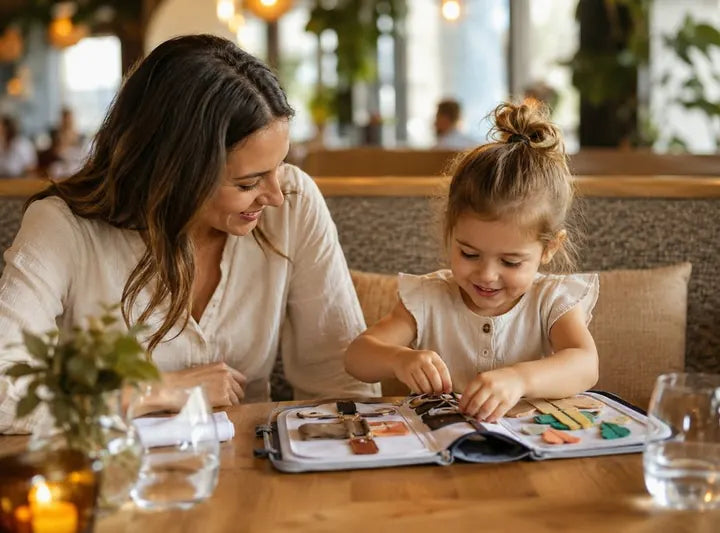 Child enjoying quiet screen-free play during a restaurant wait
