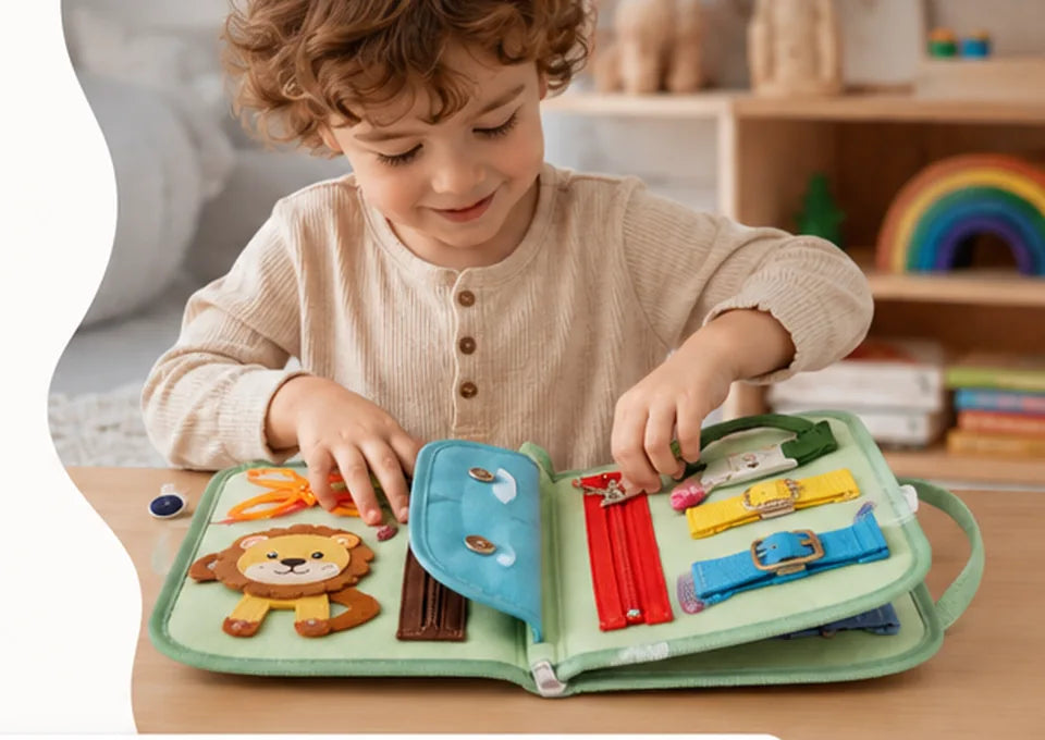 Child playing with a screen-free busy board