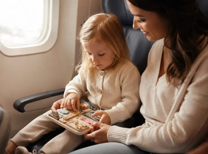 Child using a compact activity toy during travel